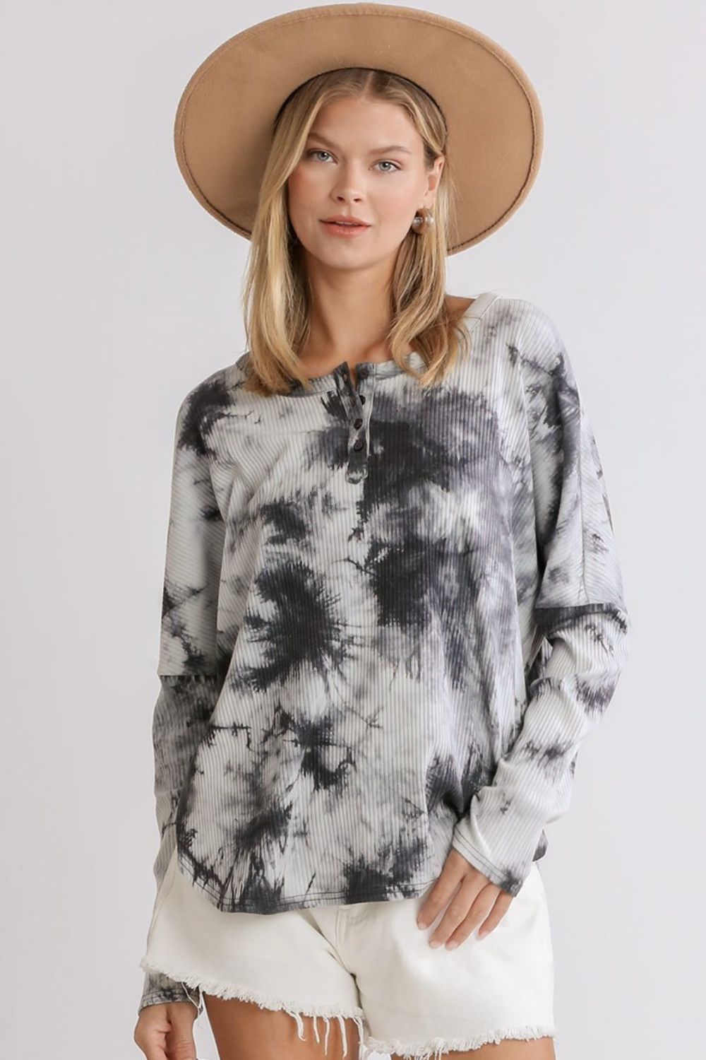 Trendy tie-dye round neck ribbed button front top with a casual-chic style, perfect for everyday wear.