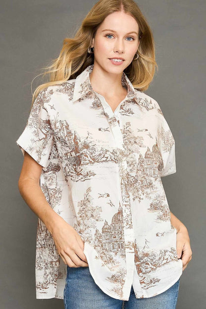 Two-tone print button-up short sleeve shirt with side slits, crafted from breathable cotton for a bold and modern plus-size look.