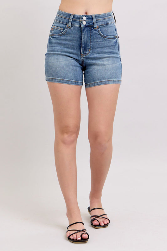 Full-size high-rise tummy control denim shorts with a flattering and comfortable fit.