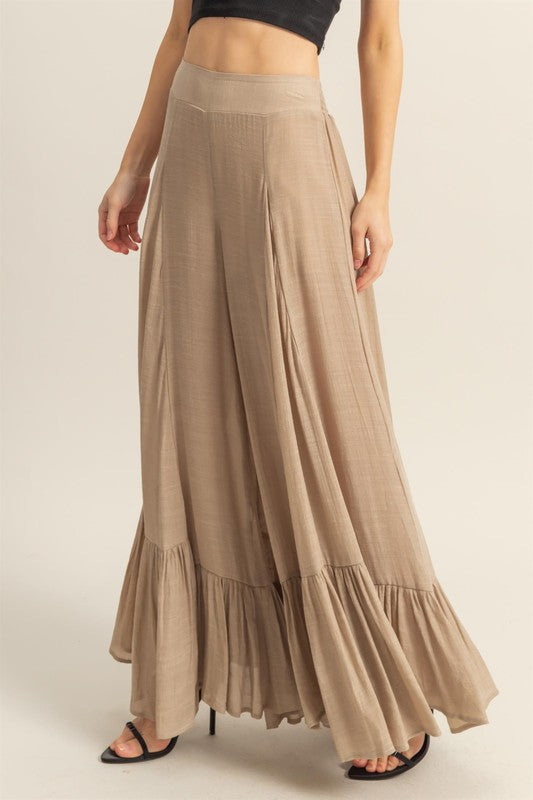 High-waist ruffle flared wide leg pants, flowy and elegant for any occasion.