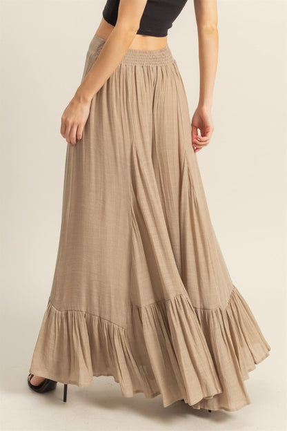 High-waist ruffle flared wide leg pants, flowy and elegant for any occasion.