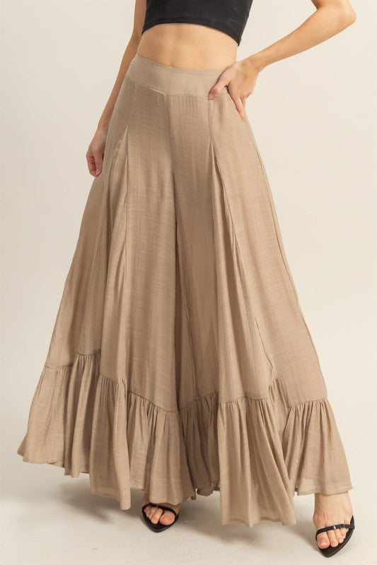 High-waist ruffle flared wide leg pants, flowy and elegant for any occasion.