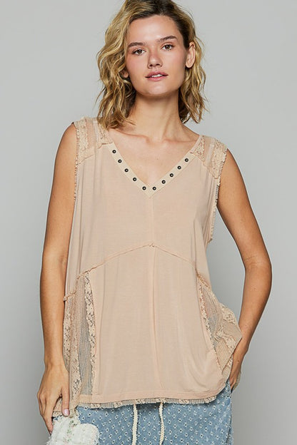 Women's lace detail sleeveless top with crisscross back and studded accents – chic and trendy design