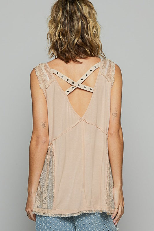 Women's lace detail sleeveless top with crisscross back and studded accents – chic and trendy design