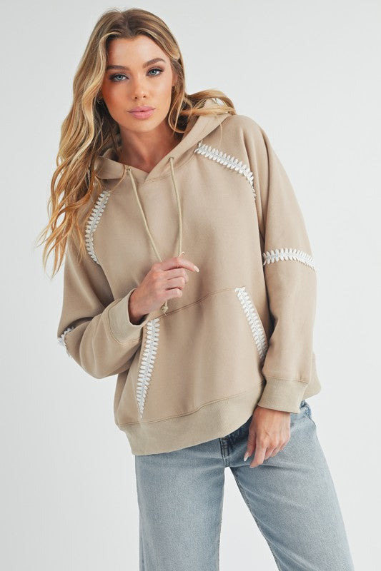 Women's lace detail drawstring hoodie with kangaroo pocket – cozy, stylish, and versatile