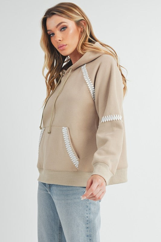 Women's lace detail drawstring hoodie with kangaroo pocket – cozy, stylish, and versatile