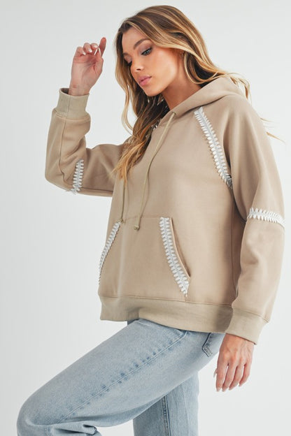 Women's lace detail drawstring hoodie with kangaroo pocket – cozy, stylish, and versatile