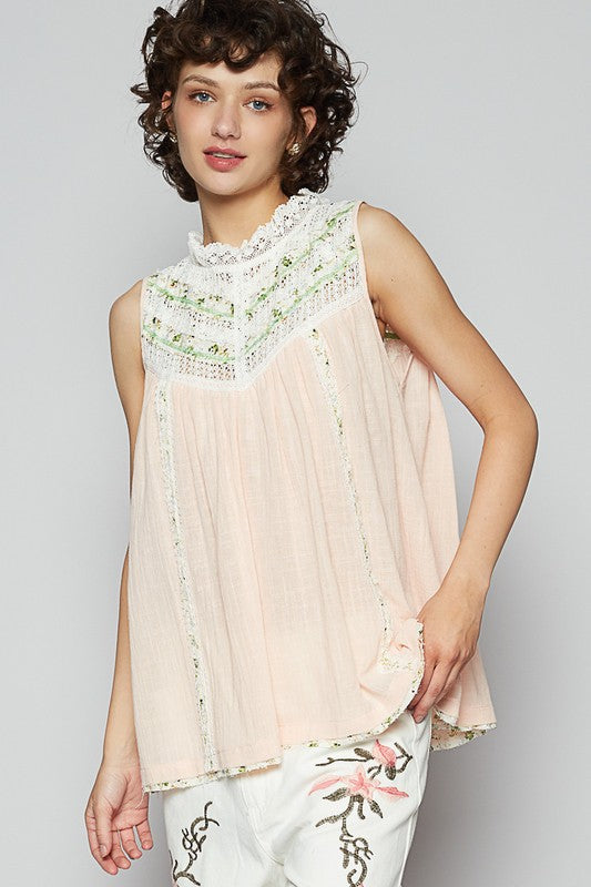 Women's lace detail floral sleeveless rayon gauze top – lightweight and feminine