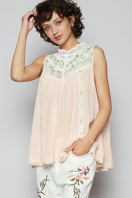 Women's lace detail floral sleeveless rayon gauze top – lightweight and feminine