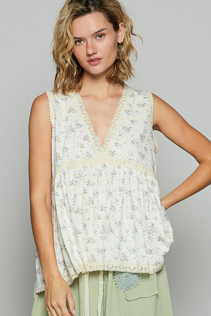 Women's lace detail floral V-neck sleeveless top – elegant and feminine style