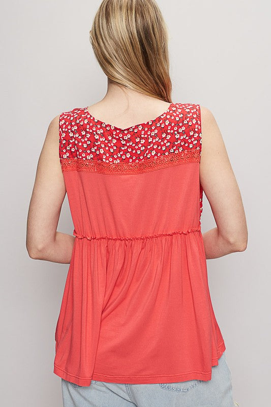 Women's lace detail frill floral V-neck sleeveless top – feminine and stylish