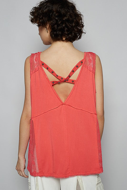 Women's lace detail studded crisscross back V-neck sleeveless top – trendy and stylish