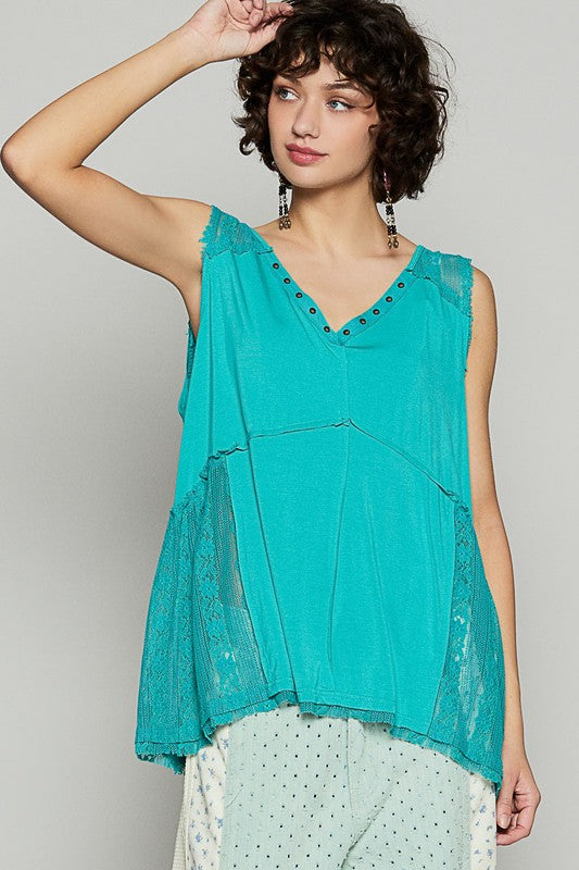 Women's lace detail studded crisscross back V-neck sleeveless top – edgy and chic sleeveless statement piece