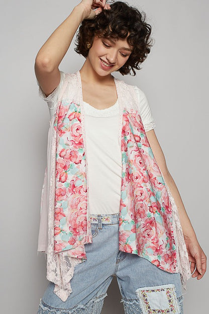 Women's lace patchwork floral open front sleeveless cardigan – elegant, lightweight, and versatile