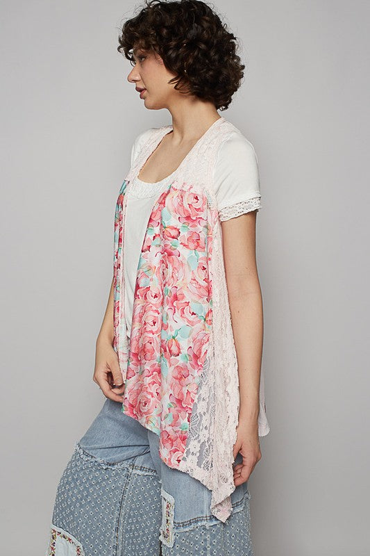 Women's lace patchwork floral open front sleeveless cardigan – elegant, lightweight, and versatile