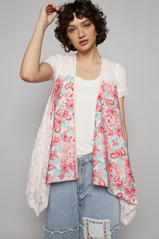 Women's lace patchwork floral open front sleeveless cardigan – elegant, lightweight, and versatile