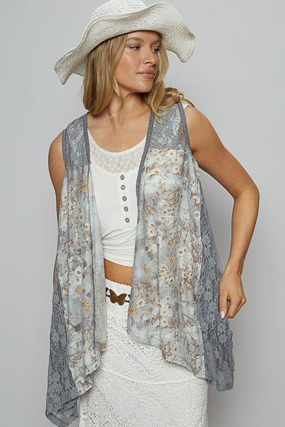 Women's lace patchwork sleeveless cardigan with floral details and open front design – elegant and lightweight layering piece