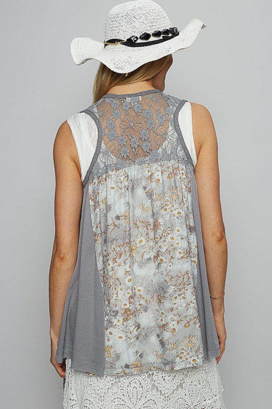 Women's lace patchwork sleeveless cardigan with floral details and open front design – elegant and lightweight layering piece