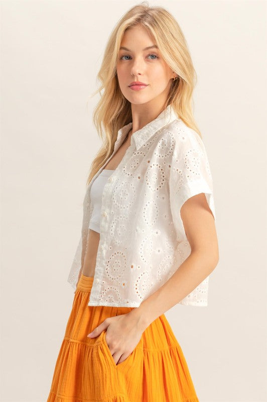 Women's lightweight eyelet button down short sleeve shirt – breezy and feminine summer fashion