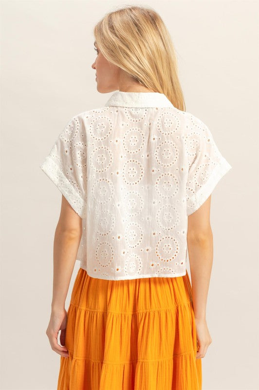 Women's lightweight eyelet button down short sleeve shirt – breezy and feminine summer fashion