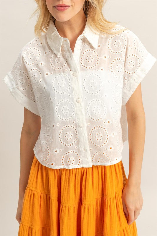 Women's lightweight eyelet button down short sleeve shirt – breezy and feminine summer fashion