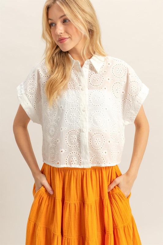 Women's lightweight eyelet button down short sleeve shirt – breezy and feminine summer fashion