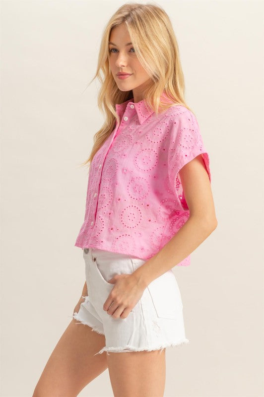 Breezy lightweight eyelet button-down short sleeve shirt in a delicate cotton fabric, perfect for warm-weather styling.