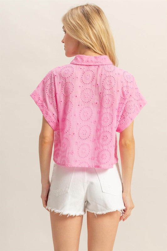 Breezy lightweight eyelet button-down short sleeve shirt in a delicate cotton fabric, perfect for warm-weather styling.