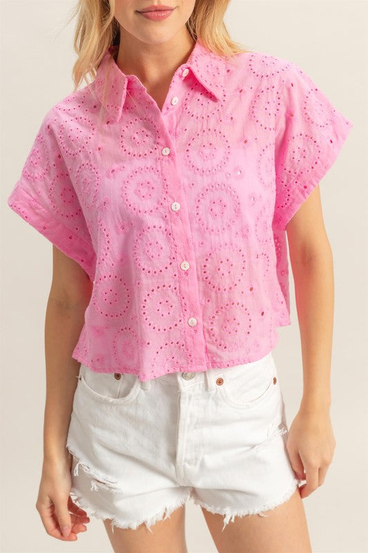 Breezy lightweight eyelet button-down short sleeve shirt in a delicate cotton fabric, perfect for warm-weather styling.