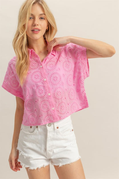 Breezy lightweight eyelet button-down short sleeve shirt in a delicate cotton fabric, perfect for warm-weather styling.