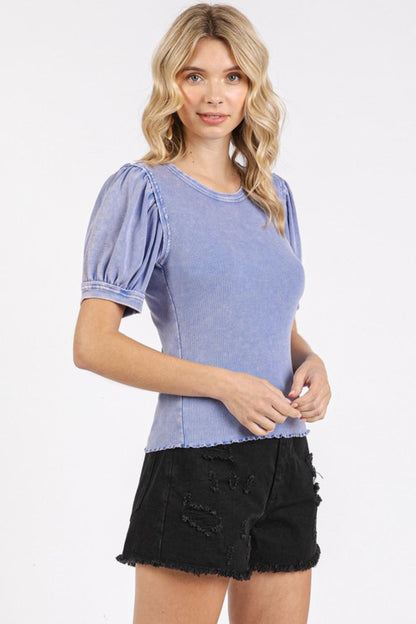 Women's mineral wash puff sleeve rib knit top – vintage and trendy statement piece