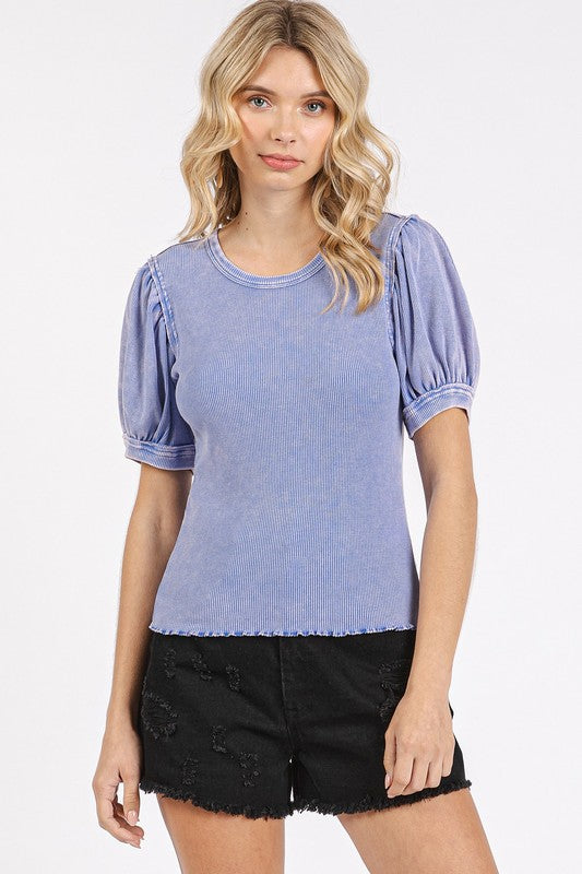 Women's mineral wash puff sleeve rib knit top – vintage and trendy statement piece