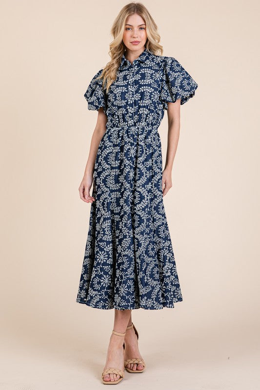 Natural leaf pattern eyelet lace puff sleeve dress with a feminine and elegant design, perfect for special occasions.