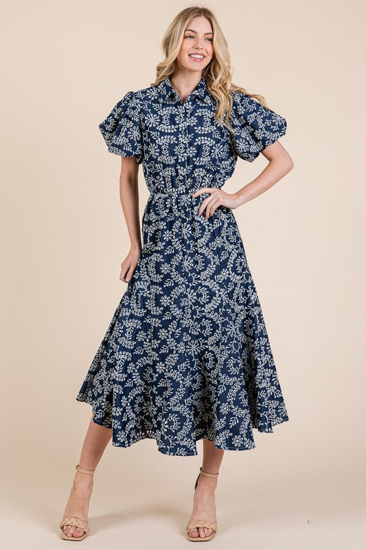 Natural leaf pattern eyelet lace puff sleeve dress with a feminine and elegant design, perfect for special occasions.