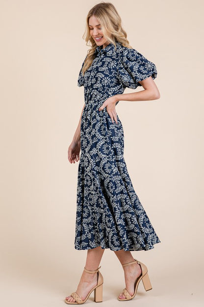 Natural leaf pattern eyelet lace puff sleeve dress with a feminine and elegant design, perfect for special occasions.