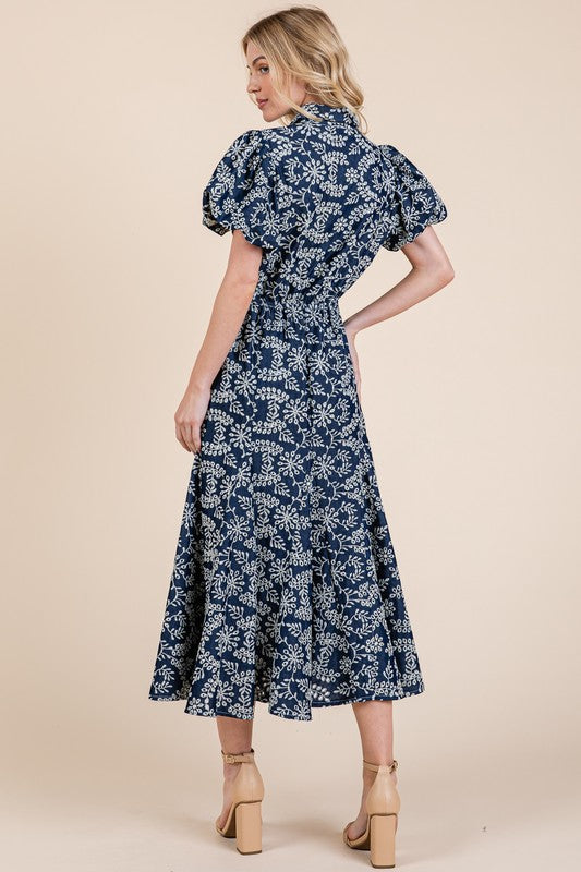 Natural leaf pattern eyelet lace puff sleeve dress with a feminine and elegant design, perfect for special occasions.