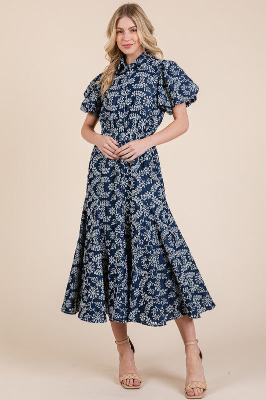 Natural leaf pattern eyelet lace puff sleeve dress with a feminine and elegant design, perfect for special occasions.