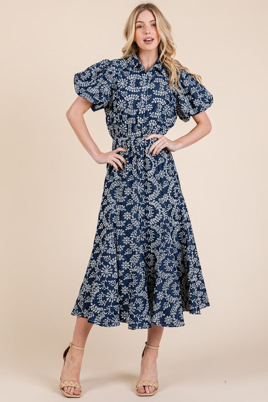 Natural leaf pattern eyelet lace puff sleeve dress with a feminine and elegant design, perfect for special occasions.