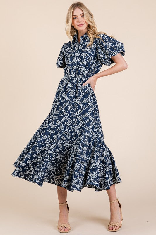 Natural leaf pattern eyelet lace puff sleeve dress with a feminine and elegant design, perfect for special occasions.