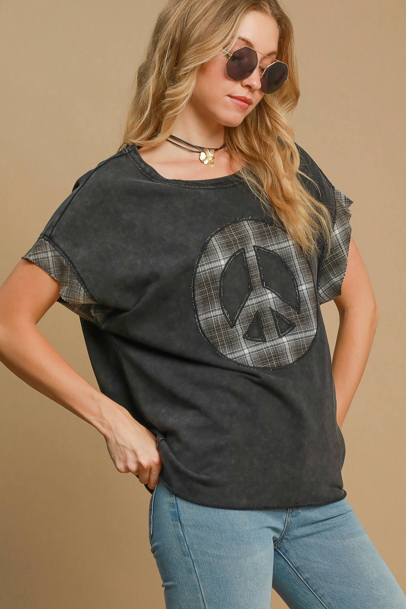 Women's peace applique round neck French terry top – cozy and stylish everyday wear