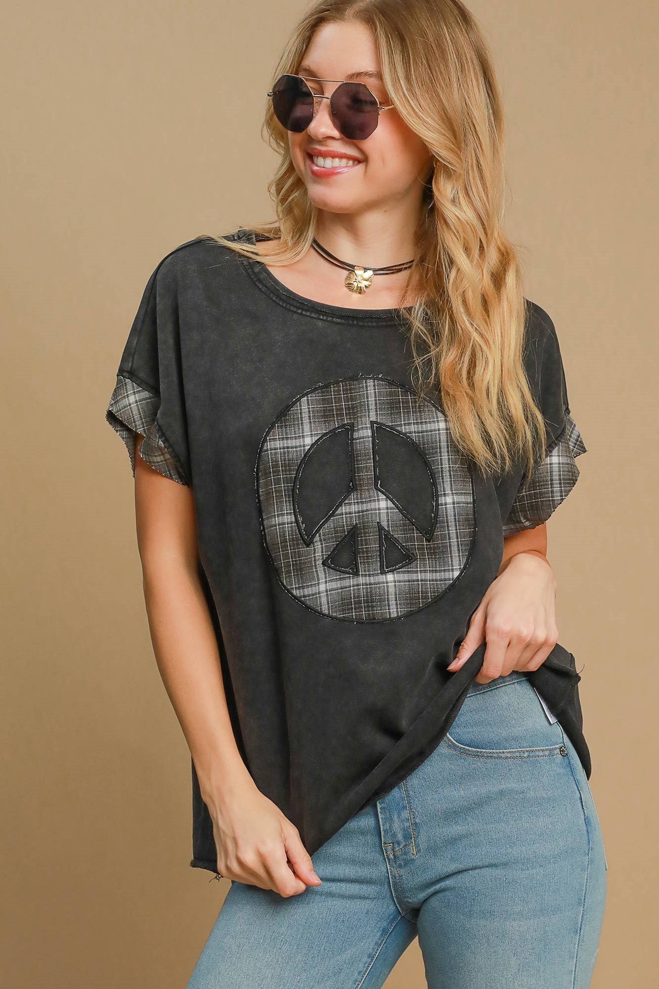 Women's peace applique round neck French terry top – cozy and stylish everyday wear