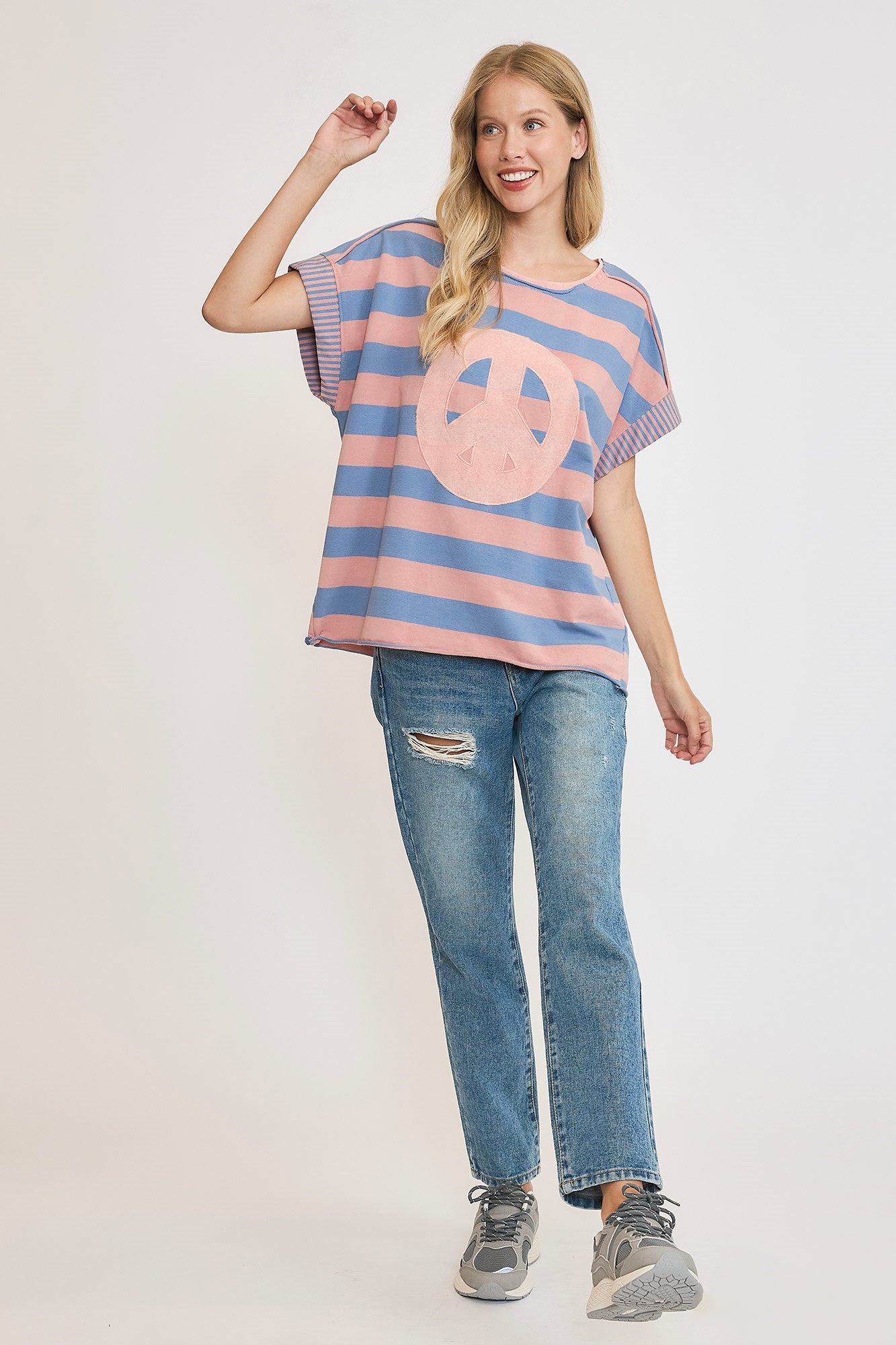 Women's peace sign patch striped French terry t-shirt – retro and casual comfort