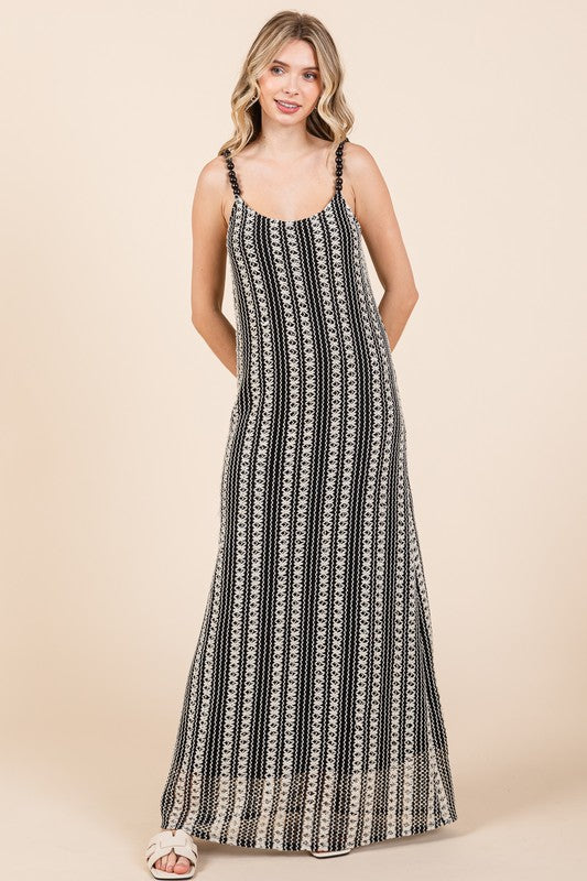 Plus size striped scoop neck maxi cami dress with elegant beaded straps, perfect for special events and chic casual wear.