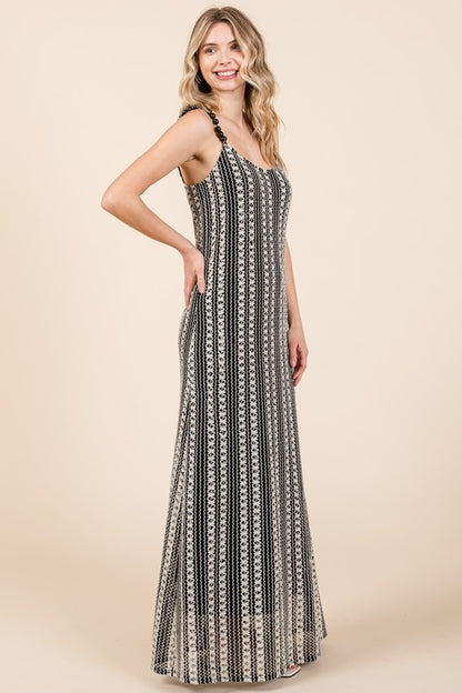 Plus size striped scoop neck maxi cami dress with elegant beaded straps, perfect for special events and chic casual wear.