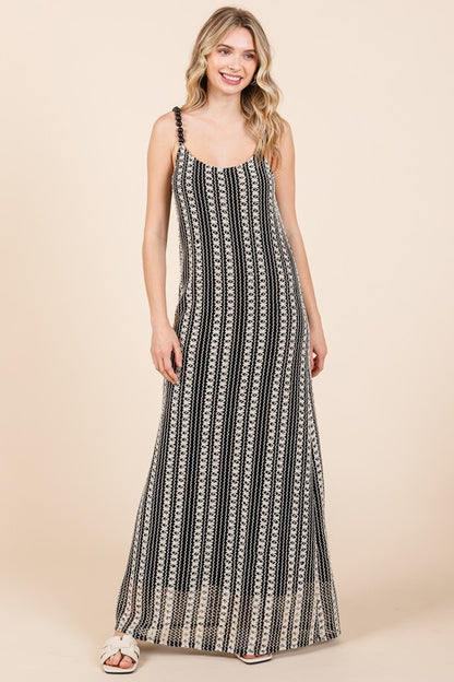 Plus size striped scoop neck maxi cami dress with elegant beaded straps, perfect for special events and chic casual wear.