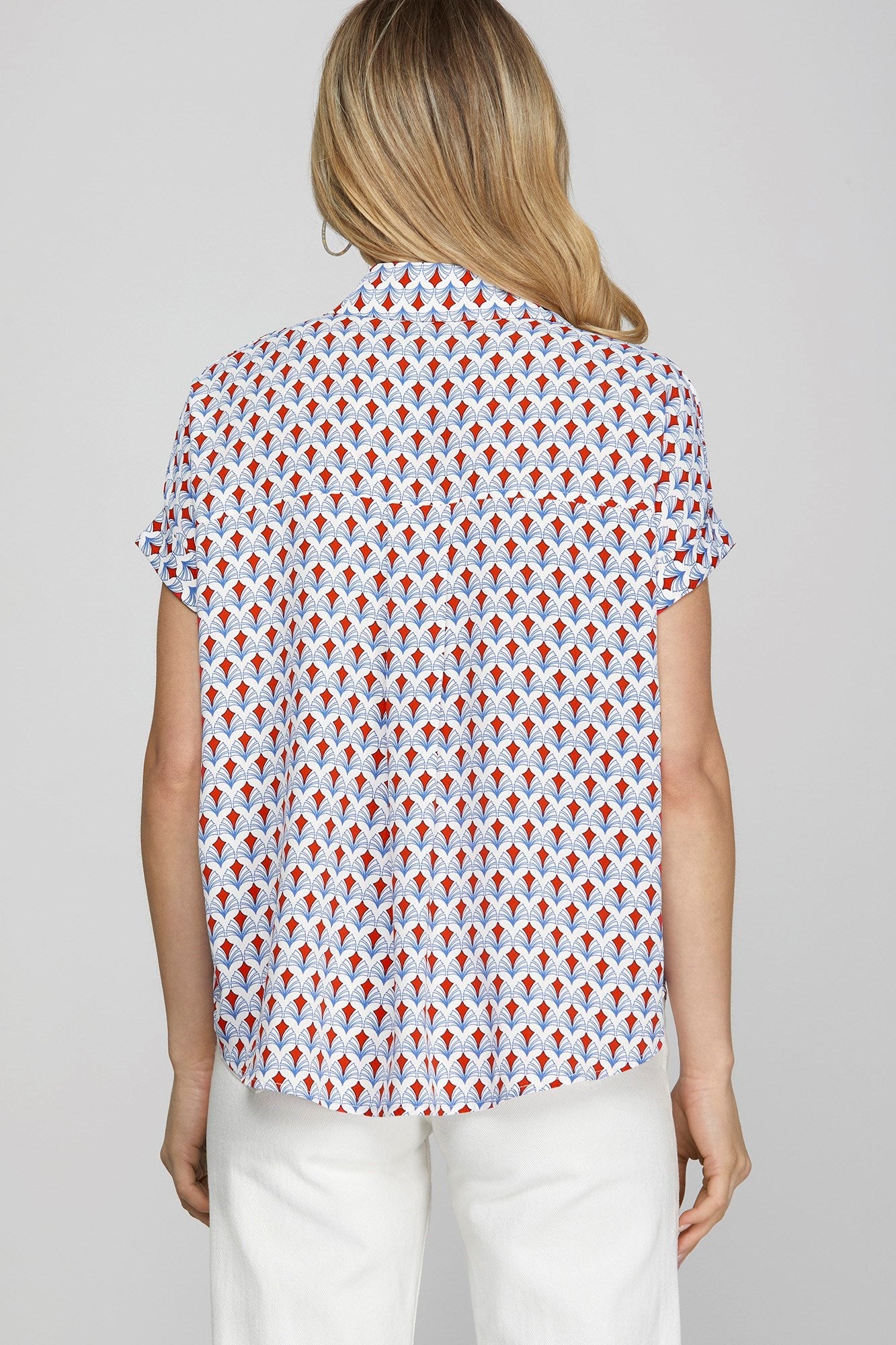 Full-size printed Johnny collar short sleeve blouse featuring a chic and versatile design, perfect for casual and semi-formal outfits.