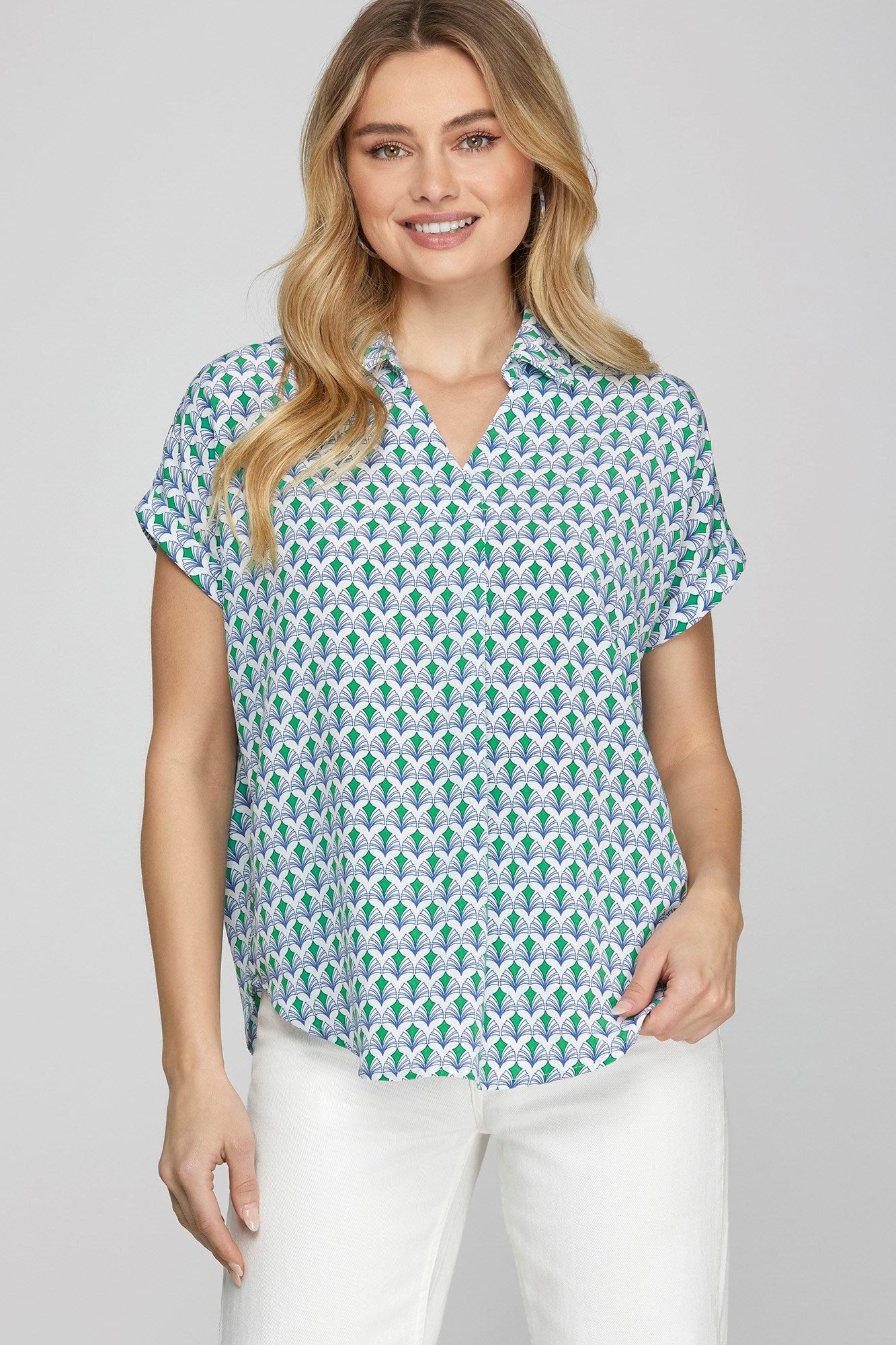 Elegant printed Johnny collar short sleeve blouse with a sophisticated design for a chic and polished plus-size look.