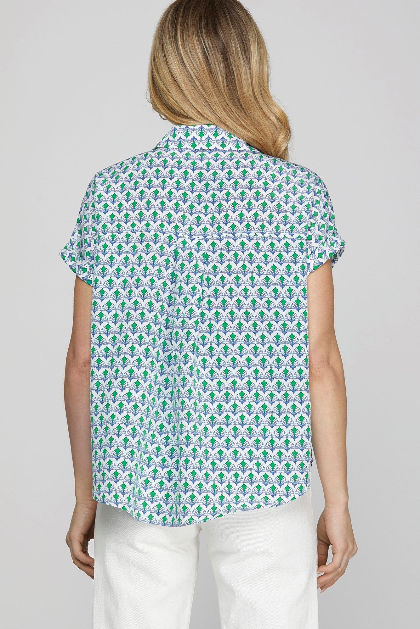 Elegant printed Johnny collar short sleeve blouse with a sophisticated design for a chic and polished plus-size look.