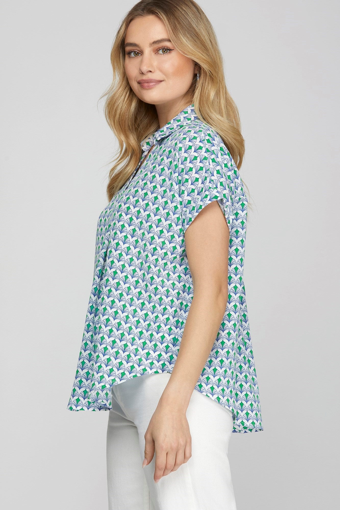 Elegant printed Johnny collar short sleeve blouse with a sophisticated design for a chic and polished plus-size look.