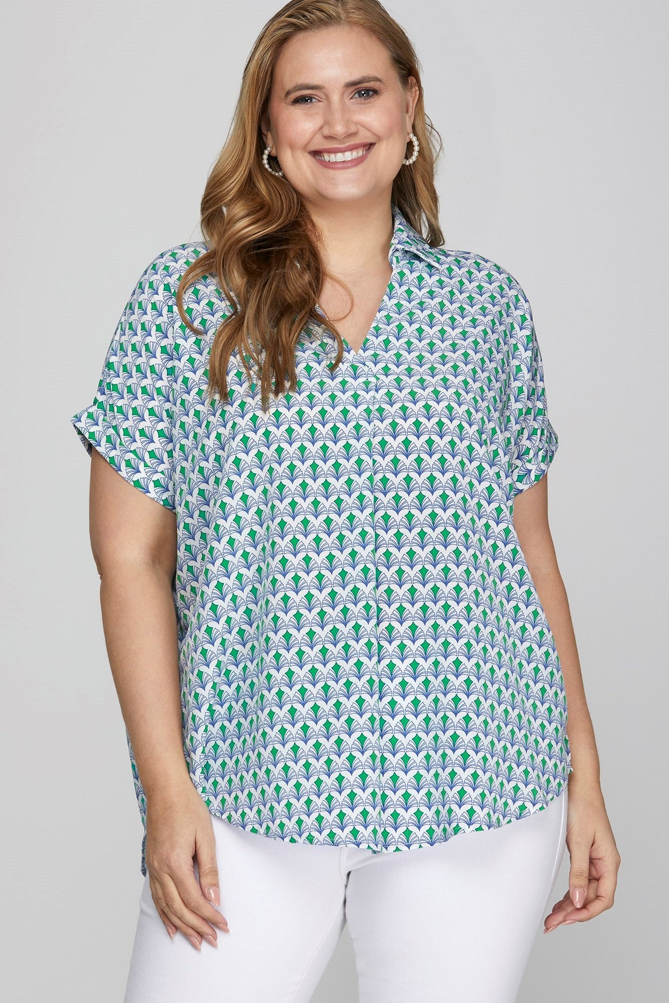 Elegant printed Johnny collar short sleeve blouse with a sophisticated design for a chic and polished plus-size look.